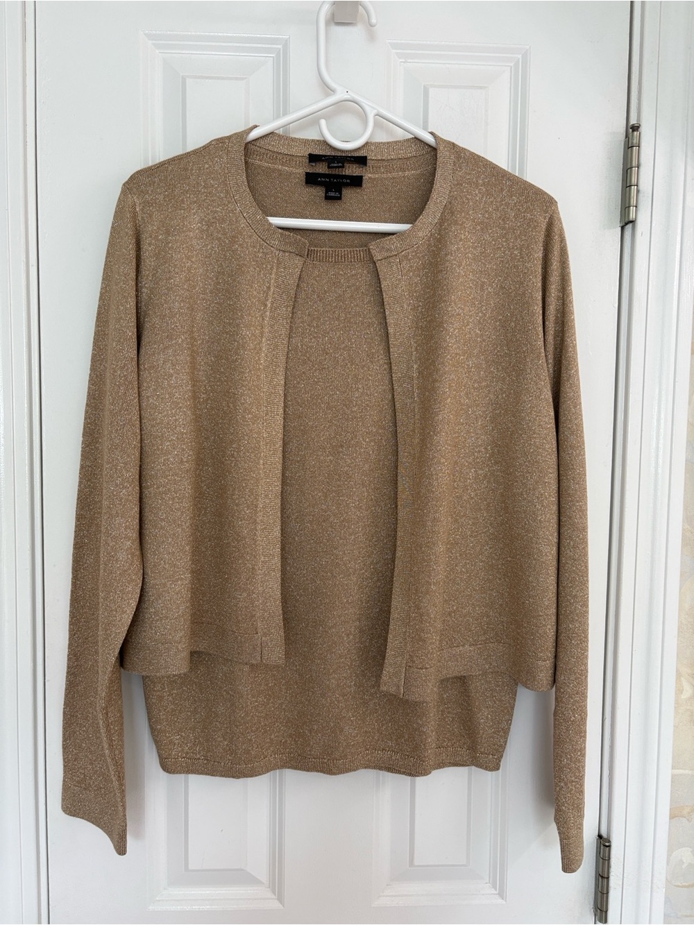 Ann Taylor Metallic Tan Open Cardigan and Shell Sweater Set